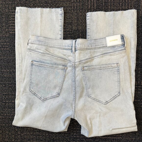 Express High Waisted Light Wash Raw Hem Cropped Flare Jeans - Picture 3 of 5